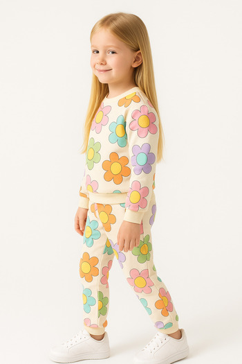 MAXI DRY Long Sleeve Double Set, Ecru Floral Pattern, 2-8 Years