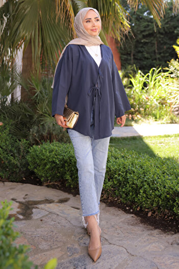 İmajButik Navy Blue Front Tie Kimono
