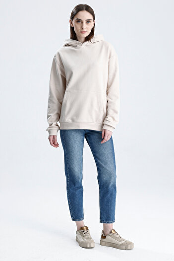 Sofist İstanbul Φούτερ Unisex με κουκούλα Ecru Relaxed Fit 100% βαμβακερό μονόχρωμο φούτερ με τσέπη καγκουρό