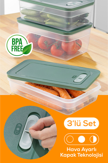 Vienev Green 3-Piece Vegetable and Fruit Storage Set - 2.5-3.8-5 Liters