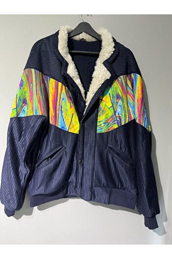 Aztek Vintage Oversize Retro Etnik Gökkuşağı Desenli Kürklü Ceket Lgdl3 -large