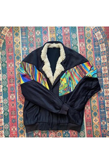 Aztek Vintage Oversize Retro Etnik Gökkuşağı Desenli Kürklü Ceket Lgdl3 -large