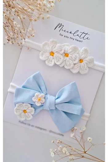 Miccolatte Cotton Bow and Mesh Daisy Bandana Set of 2 – Newborn & 0‑1 Years Old Baby Girl Accessory