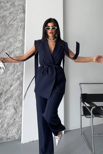 AKD Atelier Women's Top and Bottom Double Suit Shoulder Detailed Belted Vest Pants Suit