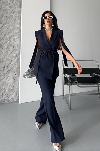 AKD Atelier Women's Top and Bottom Double Suit Shoulder Detailed Belted Vest Pants Suit