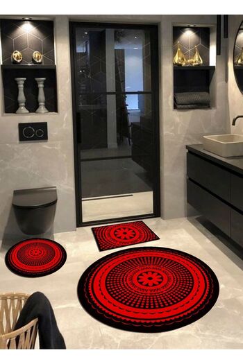 Ardizayn Marc'o P'olo - Red, Cotton Woven Base Round Bath Rug (100x100-60x60-40x60 Cm Set of 3)