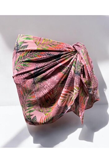 owiç Short Dark Pink Patterned Chiffon Pareo Women's Beach Dress