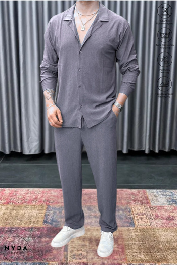 Nyda Collections Men's Crinkle Suit Buttoned Shirt and Lace-Up Trousers Summer Suit Double Pocket Crinkle Fabric