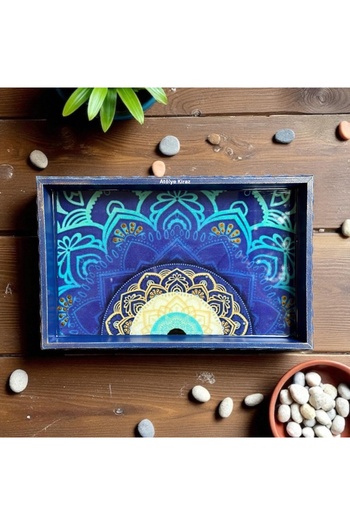Atölye Kiraz Mandala Patterned Wooden Tray |   Handmade Decorative Presentation Tray in Blue Tones 20X30 cm