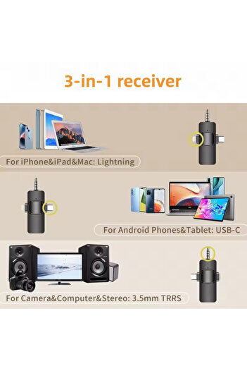 Voground Kablosuz Yaka Mikrofonu Tip-C Android Kamera IPhone Stüdyo Mikrofonu için Ses Video Canlı Yayın Oyun