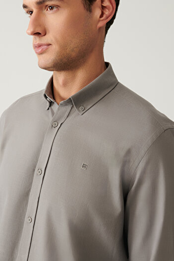 Avva Men's Anthracite Buttoned Collar 100% Cotton Linen Textured Shirt E 002141