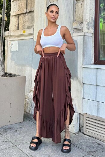 NEW LAVİVA Bohemian Trousers with High Waist and Deep Side Slits and Asymmetric Cut Loose Skirt