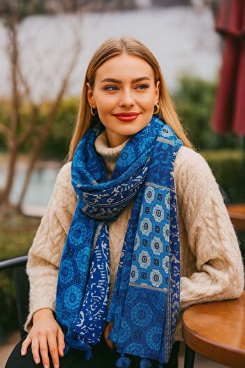 Axesoire 15081 Ethnic Patterned Tasseled Blue Shawl