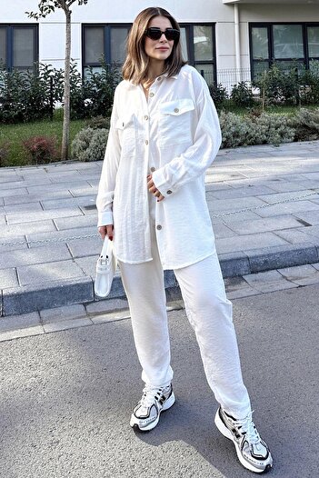 NEW LAVİVA Women's Ecru Double Pocket Long Shirt & Elastic Waist Pants - Comfortable Bottom & Top Set