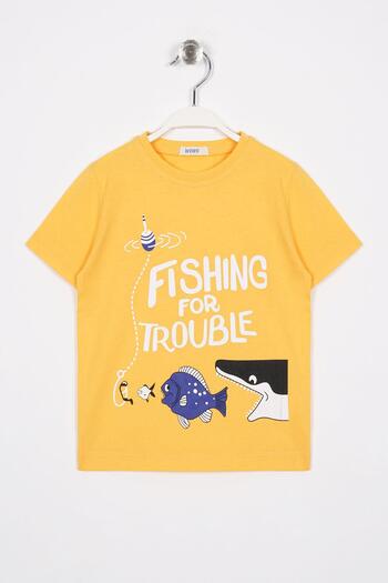 zepkids Bisiklet Yaka Kısa Kol Yazı Baskılı Hardal Renk Erkek Çocuk Tshirt