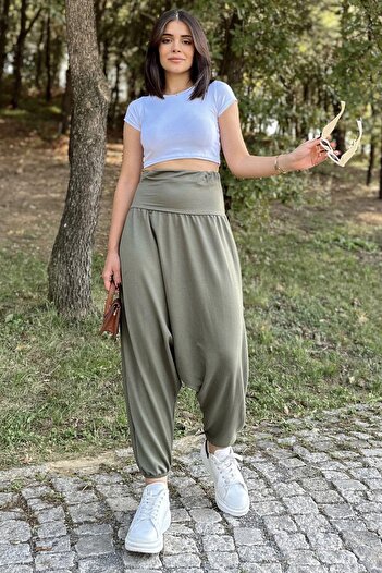 NEW LAVİVA Women's Khaki High Waist, Elastic Leg, Loose Knitted Baggy Trousers