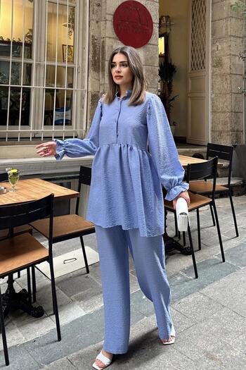 NEW LAVİVA Baby Blue Frilly Cotton Set - Prevailing Collar, Balloon Sleeve and Wide Leg Trousers