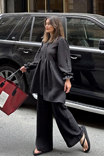 NEW LAVİVA Loose Cotton Black Set - Prevailing Collar, Balloon Sleeve, Tunic and Wide Leg Trousers
