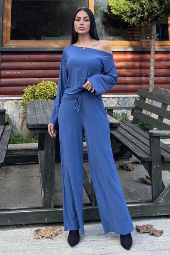 NEW LAVİVA Indigo Lace Detailed Wide-Leg Pants & Wide-Neck Loose Blouse - Sandy Fabric Set