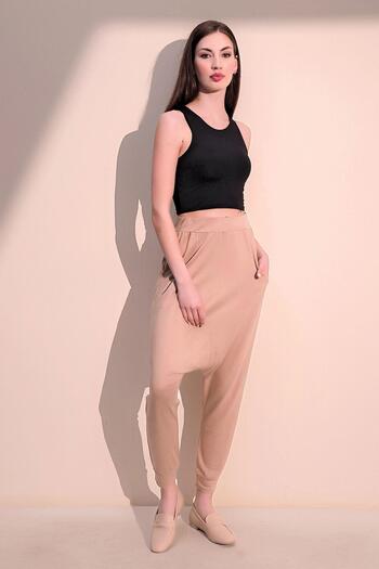 NEW LAVİVA Women's Beige Casual Fabric Pocket Baggy Trousers with Elastic Waist and Legs