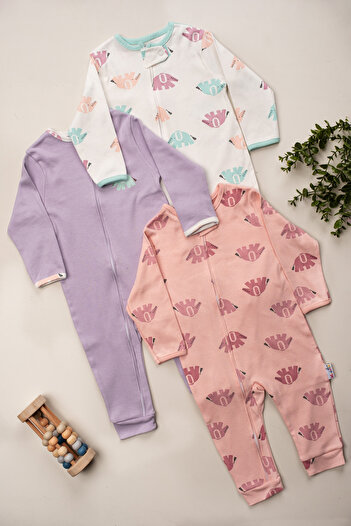 ENİA BABY Kız Bebek Fil Desenli 3’lü Tulum Set %100 pamuk