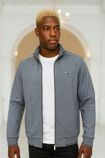 BESSA Gray Stand Collar Tracksuit Top Fully Lined Zipper Pockets Men