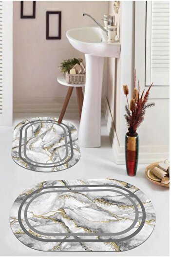 Aldora Gray Non-Slip Base Oval Bathroom Mat Set Bb-109