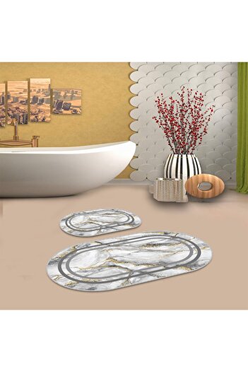 Aldora Gray Non-Slip Base Oval Bathroom Mat Set Bb-109