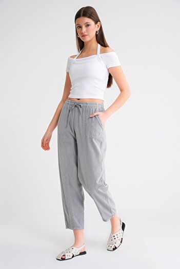 Mixray 4436 Women's Linen Striped Shalwar Trousers Gray