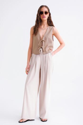 Mixray 4681 Women's Tie-Up Double Pleated Palazzo Wide Leg Pants Stone
