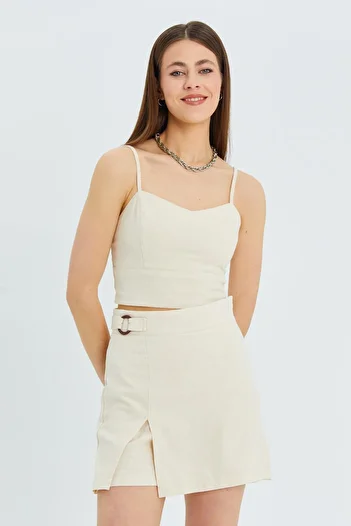 Mixray 4564 Model Natural Linen Blouse - Gipe Detailed Straps