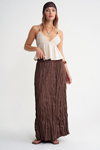 Mixray 4623 Women's Straight Satin Skirt Brown