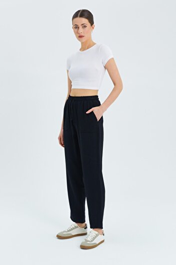 Mixray 4617 Women's Black Draped Trousers - Double Pockets