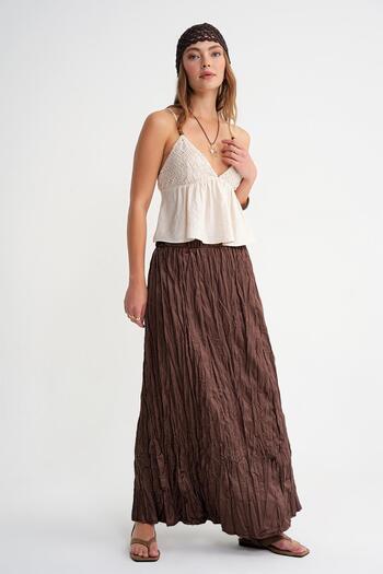Mixray 4623 Women's Straight Satin Skirt Brown