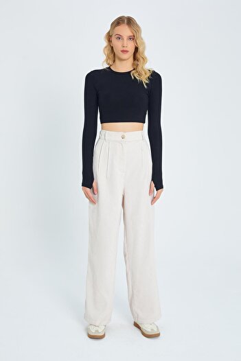 Mixray 4603 Model - Women's Natural Color Velvet Pleated Loose Pants