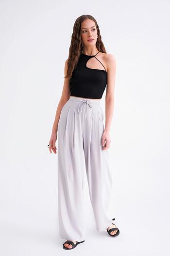 Mixray 4681 Women's Tie-Up Double Pleated Palazzo Wide Leg Pants Gray