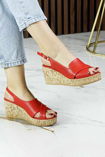 Erkan Saçmacı Serie Red Genuine Calfskin Hole Detailed Cork Sole Look Wedge Heeled Sandals