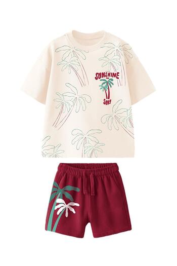 Monila Boys Cotton Fabric Palm Printed Cotton Tshirt and Shorts Bottom Top Set