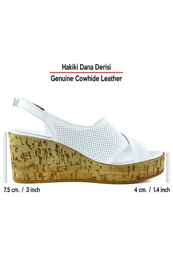 Erkan Saçmacı Serie White Genuine Calfskin Hole Detailed Cork Sole Look Wedge Heeled Slingback Sandals