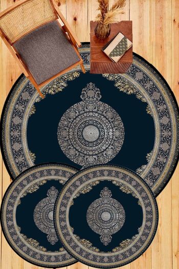 Aldora Navy Blue Non-Slip Base Belly 3-Piece Set Bathroom Mat E4157