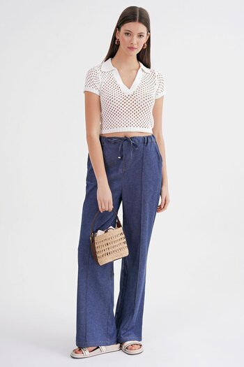 Mixray 4679 Women's Elastic Waist Tied Denim Trousers Indigo