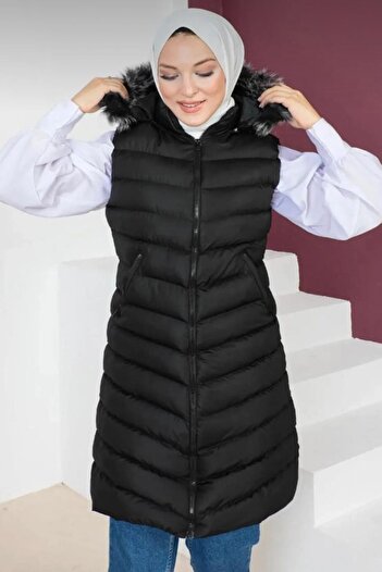 moda armanc Furry Hooded Long Black down Vest