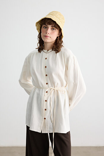 BE BLUE Ekru Wooden Buttoned Muslin Shirt