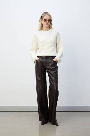 BE BLUE Wide Leg Leather Pants with Light Brown Stitch Detail
