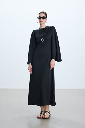 BE BLUE Black Sleeve Romantic Satin Dress with Volant