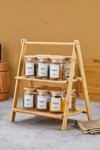 MODA OZY 12-Piece Vacuum Wooden Lid 300ml Glass Spice Rack Set with Bamboo Stand (Label Included)