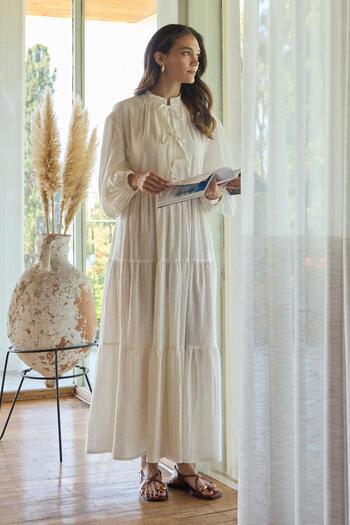 KADRİYE BAŞTÜRK Joli Tie-Up Şile Cloth Long Dress Ecru