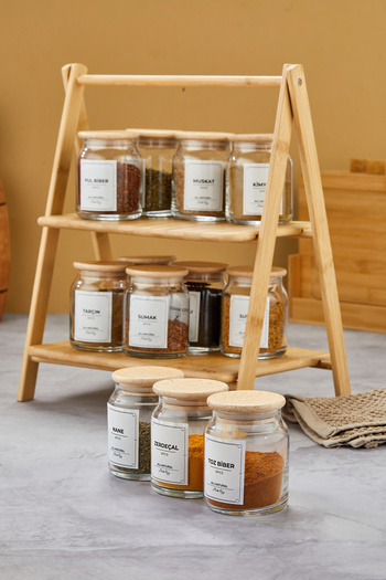 MODA OZY 12-Piece Vacuum Wooden Lid 300ml Glass Spice Rack Set with Bamboo Stand (Label Included)