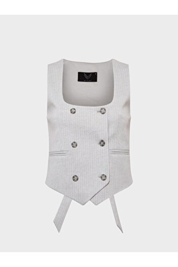 RİVUS Double Breasted Buttoned Vest - Gray Striped