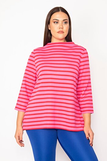 Şans Women's Large Size Fuchsia High Collar Capri Sleeve Striped Blouse 65n29480